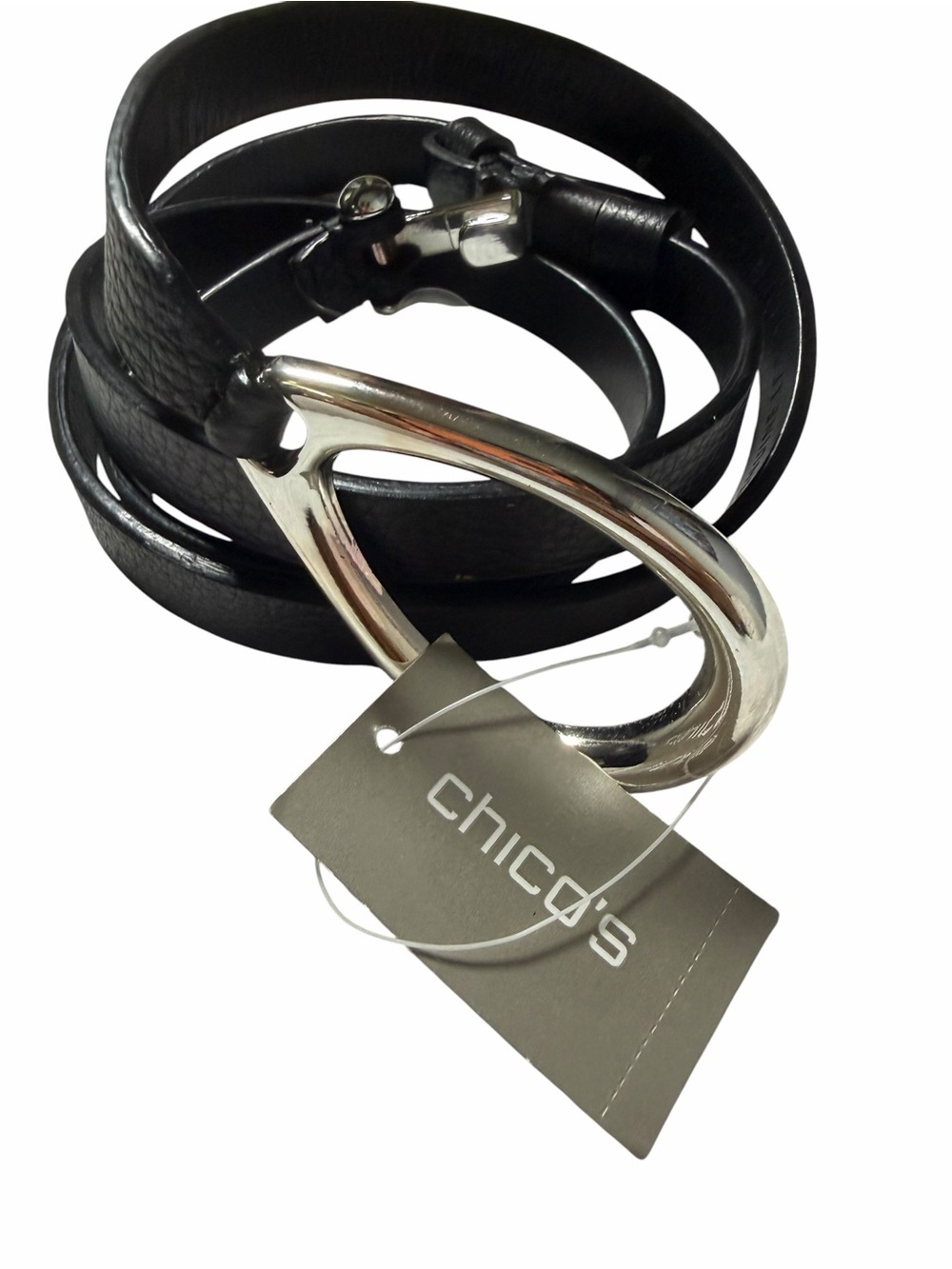 Chico's Black Leather Wrap Belt with Silver Open Curved Buckle S/M New